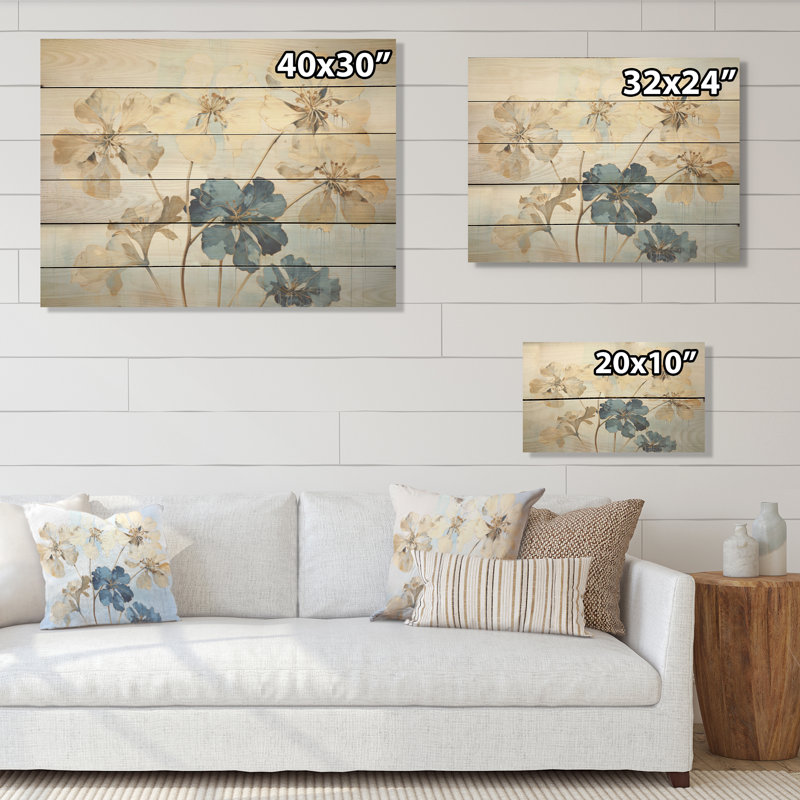 «Geraniums» beige et bleu en fleurs - art mural en bois de géraniums sur bois de pin naturel, H 30 po x l 40 po