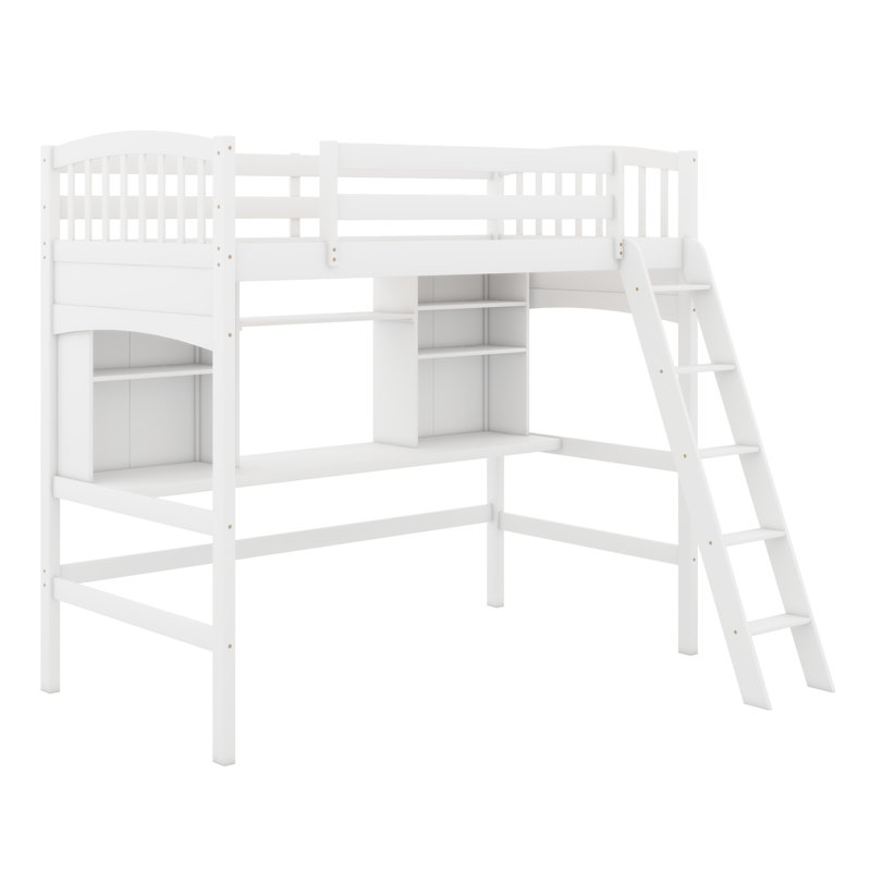 Lit mezzanine avec tablettes de rangement, bureau et échelle, Gris