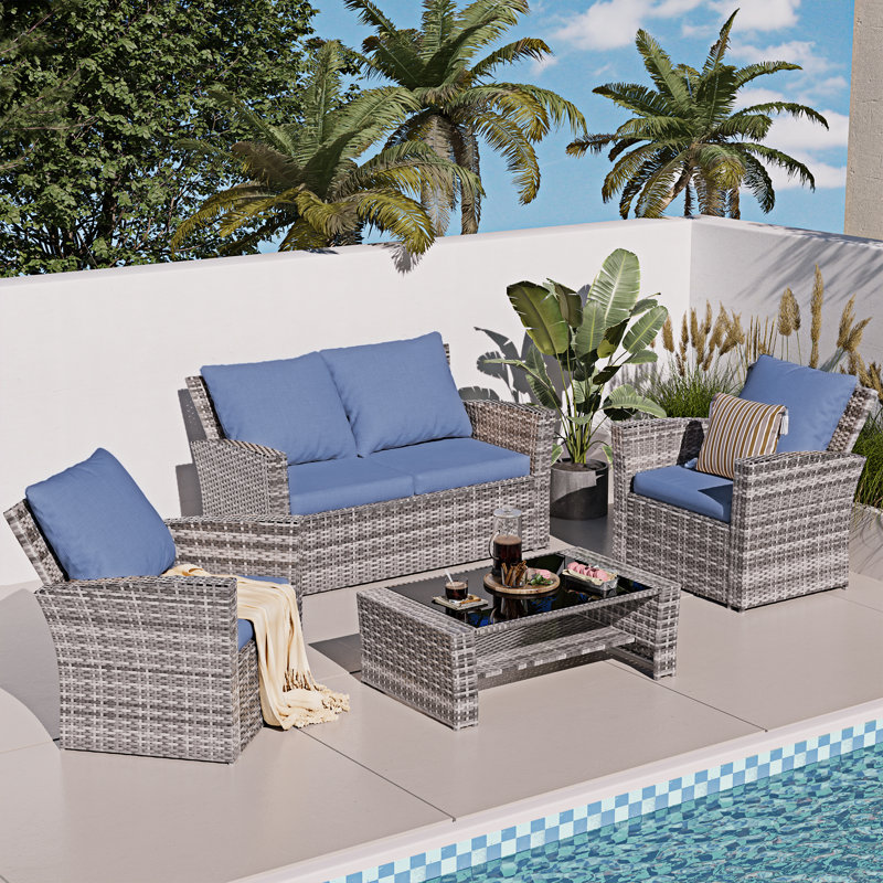 Wicker 4 - Person Patio Conversation Set with Cushions, Navy