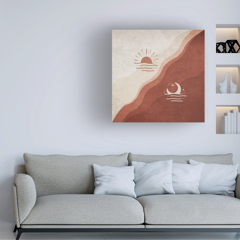 Œuvre sur toile terre-cuite à la bolognaise, lune et soleil, 18" H x 18" W