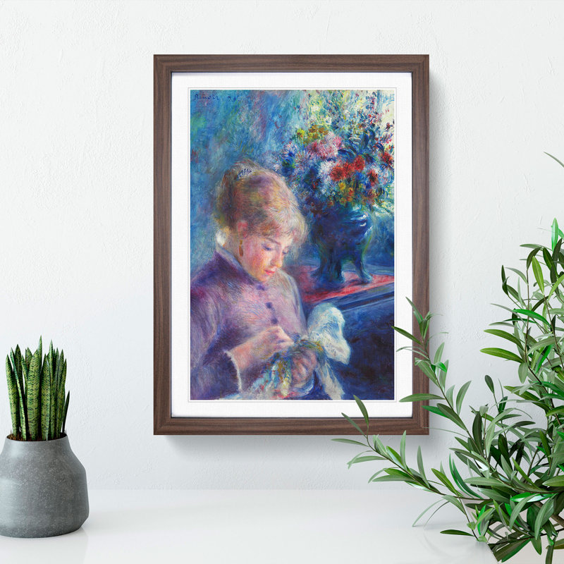 Young Woman Sewing by Pierre-Auguste Renoir - Picture Frame Painting, Walnut Framed, 48cm H x 36cm W x 2cm D