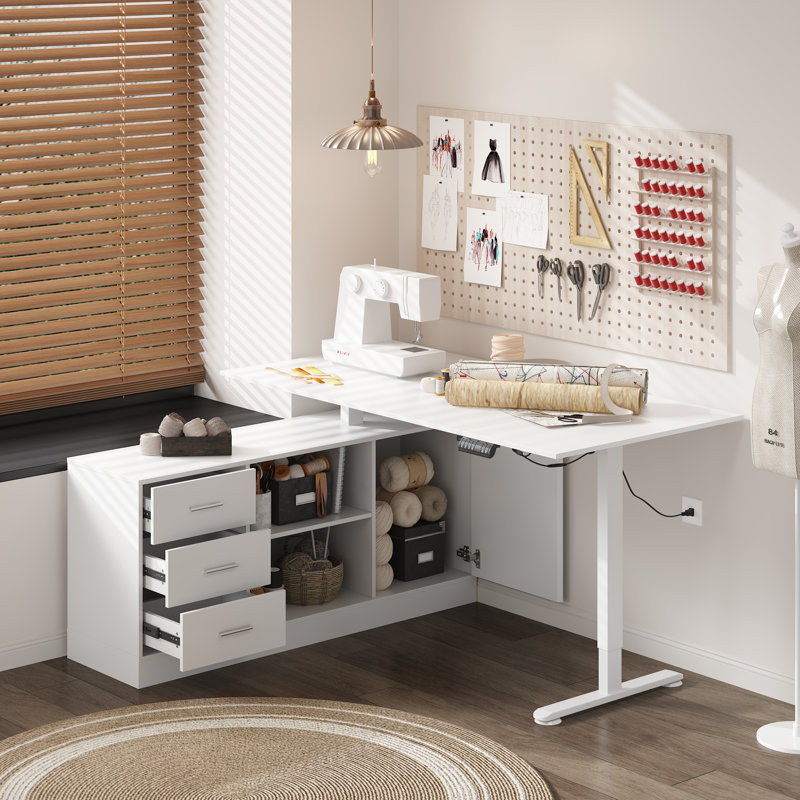 Height Adjustable Craft Table With Storage Drawers And Adjustable Shelf