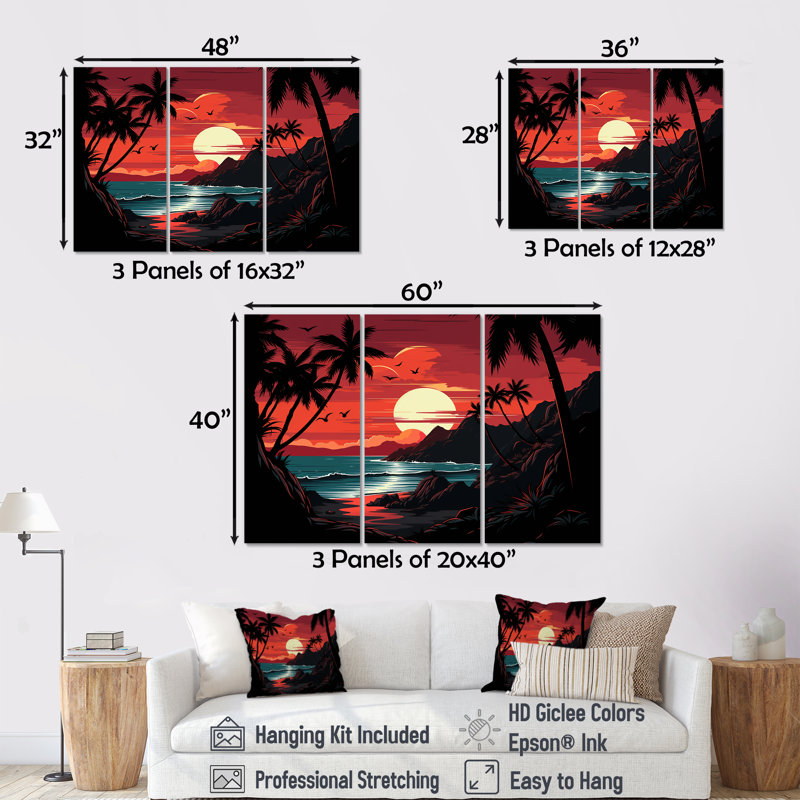 Coucher de soleil rouge audacieux paysage - coucher de soleil côtier, art mural, Toile tendue, H 28 po x l 36 po x P 1 po