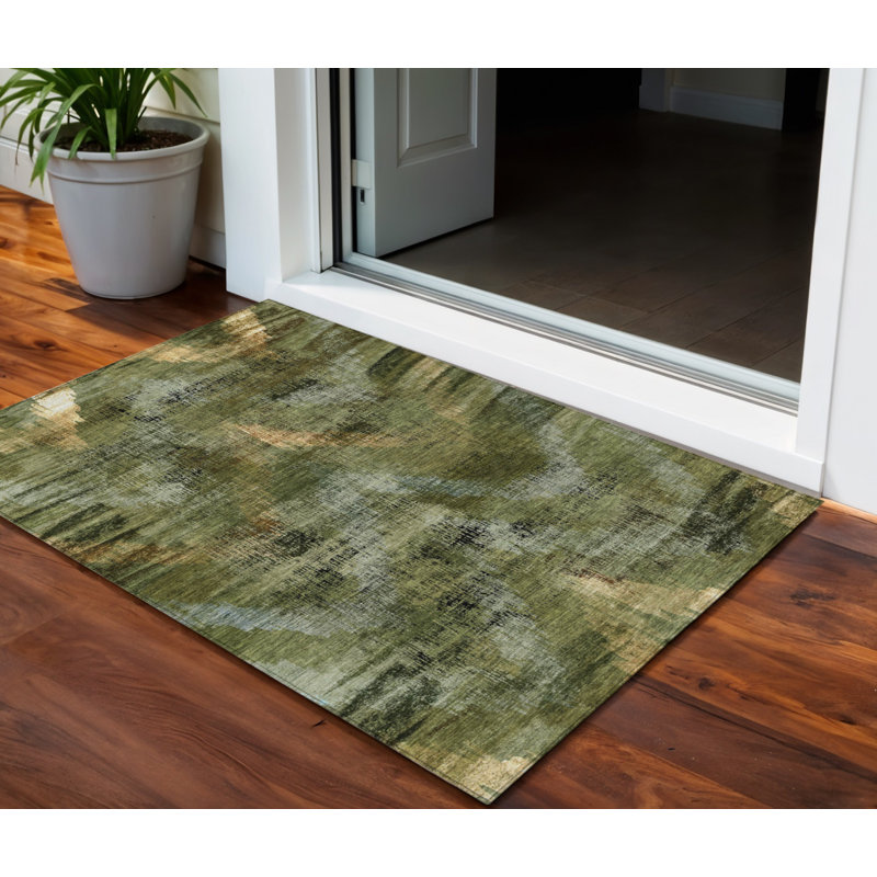 Tapis extérieur lavable abstrait vert olive et doré 3 pi x 5 pi