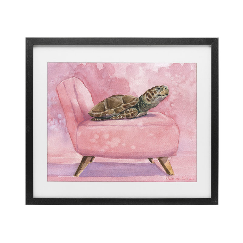 «Happy Turtle on Pink Chair», reproduction encadrée sous verre, conception de George Dyachenko, Cadre noir minuit