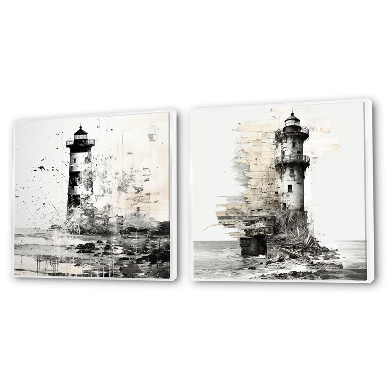 Mystérieux phare noir et blanc - ensemble de 2 carrés côtiers, Cadre flottant blanc, H 30 po x l 61 po
