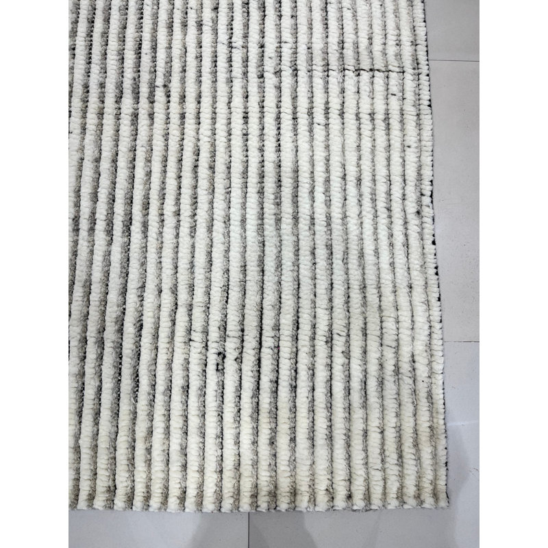 Ivory Hand-Knotted Wool Vertical Ribbing Geometric Modern Contemporary Carpet Rug, 10' x 14'