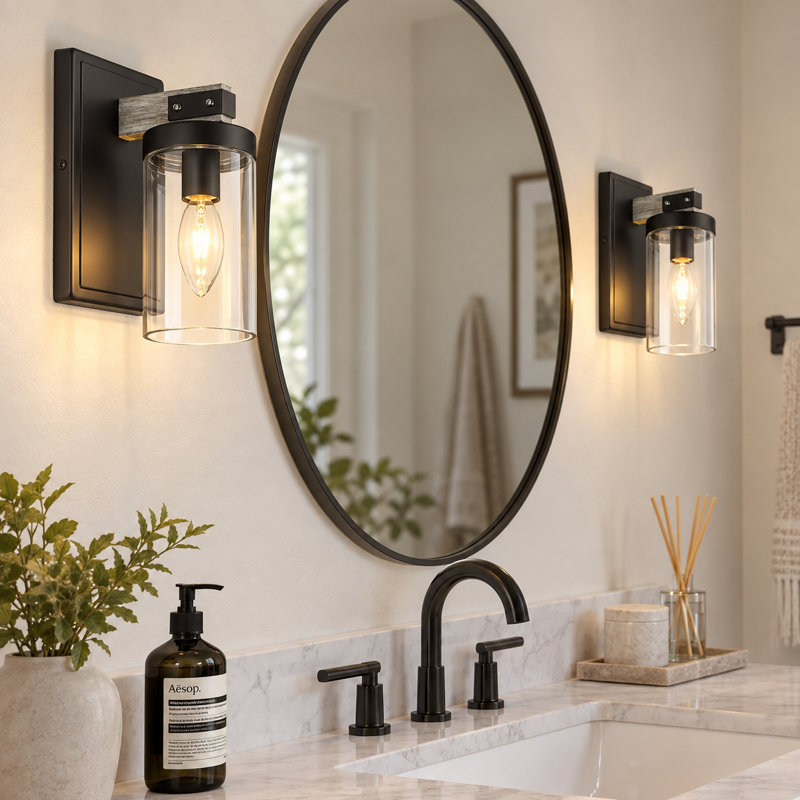 Cessa Dimmable Vanity Light, Black/Light Wood, 1