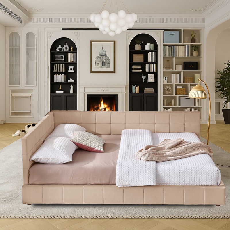 Lit de jour moderne rembourré avec dossier capitonné, taille grand, Rose