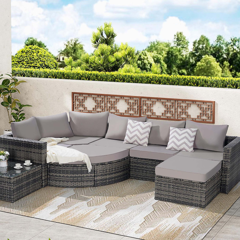 Ensemble de canapé d'extérieur 8 pièces, ensemble de conversation modulaire en forme de L en osier avec repose-pieds courbé et table en verre pour la piscine
