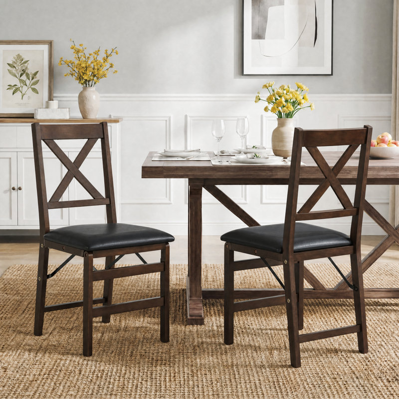 Padded Stackable Folding Dining Chairs with Solid Wood Frame, Dark Brown Frame / Black Seat