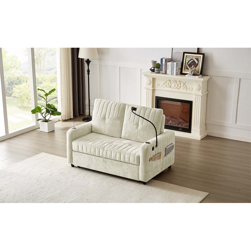 53.9" Modern Loveseat Pull-out Sofa Bed with Adjustable Backrest,Two Cup Holders,a Phone Holder,Three Charging Ports and Side Storage Pockets for Living Room