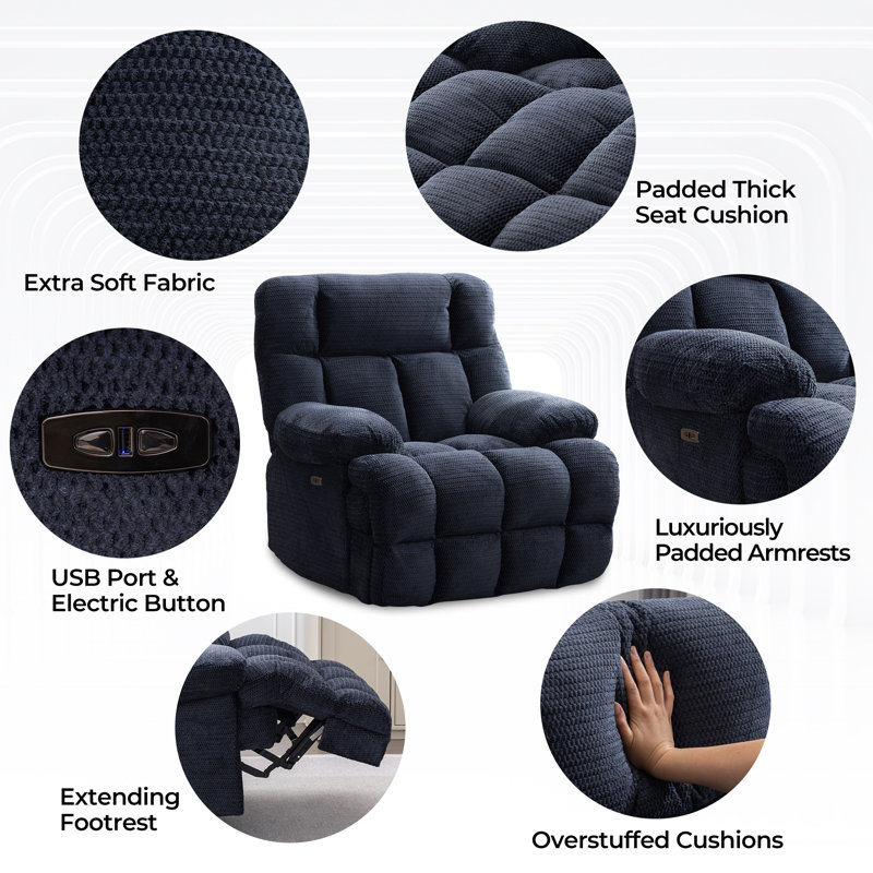 43.3" Wide Zero Gravity Oversized Power Recliner Chairs With USB Charging, Blue Polyester Blend
