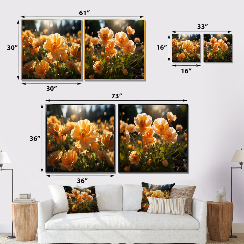 Buttercups Field Vibrant - Ensemble de 2 collages floraux carrés, Cadre flottant noir, H 16 po x l 33 po