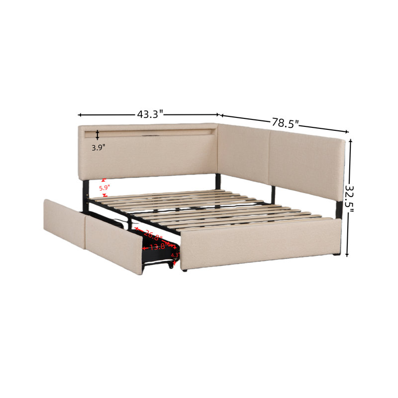 Lit simple simple avec tête de lit tapissier, 2 tiroirs de rangement, chargement, lattes en bois massif, sans sommier, beige, confortable pour les petites pièces, molleton doux, assise ergonomique, esthétique Mid-Century