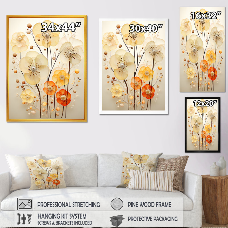 «Yellow Flora Fantasy - Botanicals», art mural, Cadre flottant noir, H 20 po x l 12 po x P 1 po