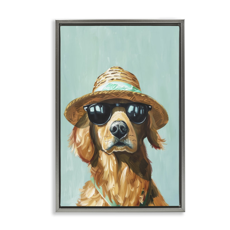Toile flottante encadrée «Beach Ready Dog» par Petals Prints Design, H 31 po x l 21 po, Cadre flottant gris lustré