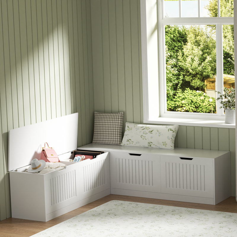 Banc de rangement en forme de L avec banc de rangement pour coin-repas et banc de coin sans dossier avec rangement pour vestiaire d'entrée, blanc