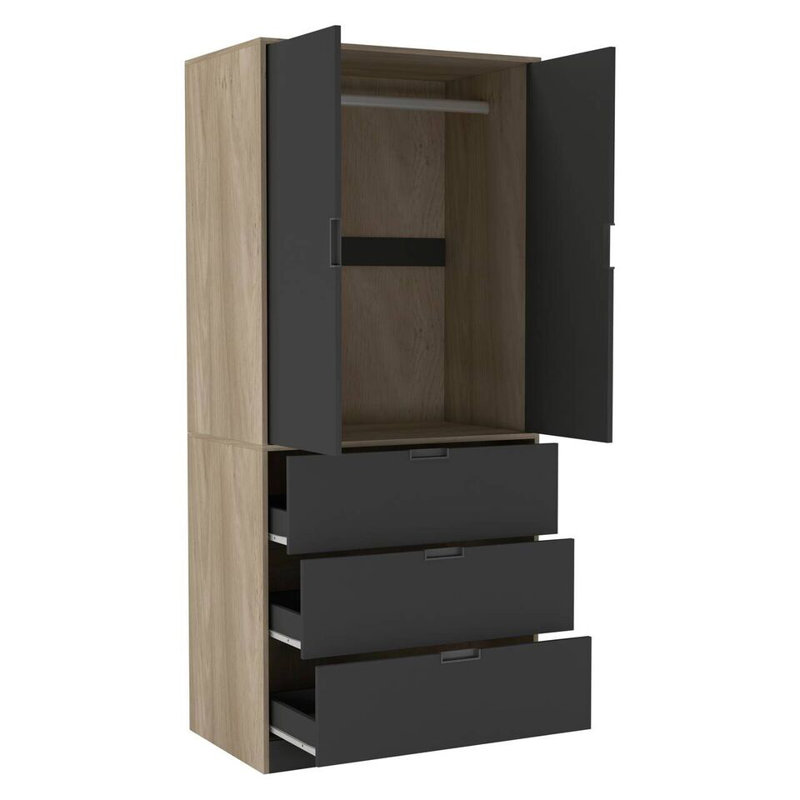 Stephy Solid Wood Wardrobe, Oak/Black