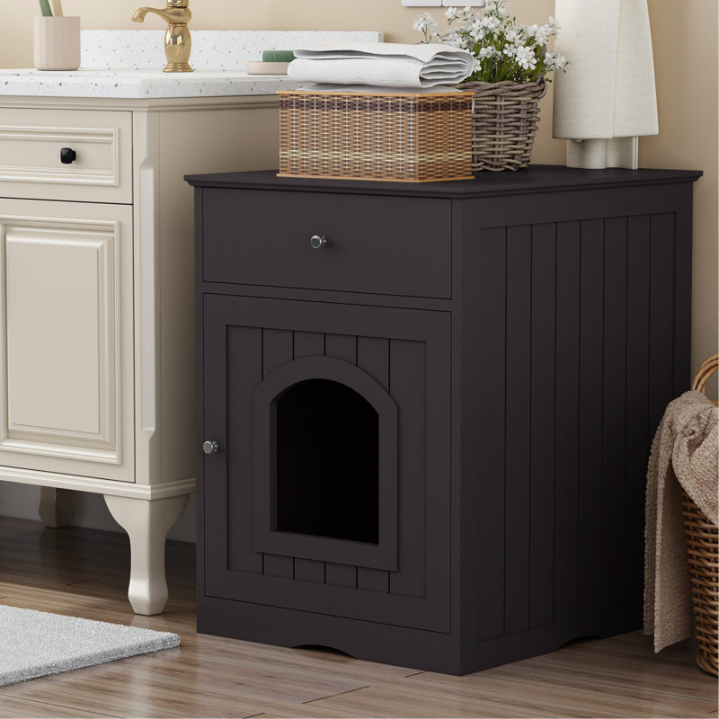 Enceinte intérieure en bois pour bac à litière avec tiroir, table d'appoint et table de chevet brune pour chats, Naturel
