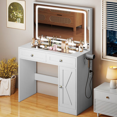  Dressing Table With Mirror,White Makeup Desk with Glass Tabletop