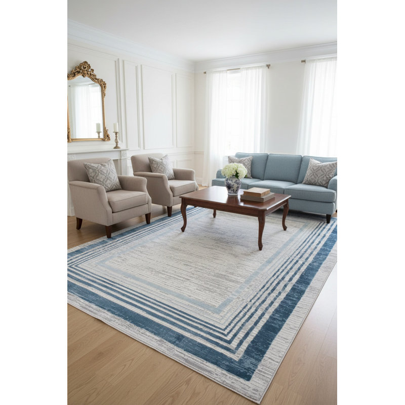 Marfi Collection Blue / Ivory Bordered Doormat Rug, Rectangle 7'9" x 10'