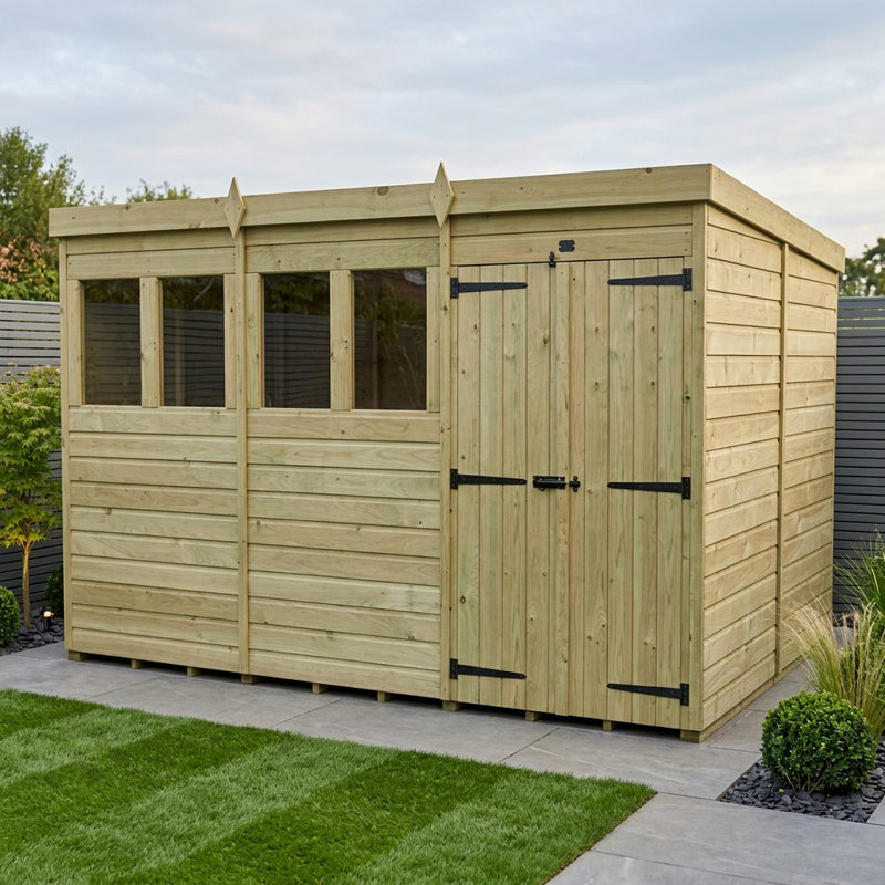 Total Sheds 12ft x 7ft Pent Garden Shed - Double Door - With Windows - Pressure Treated Timber - UK Manufactured