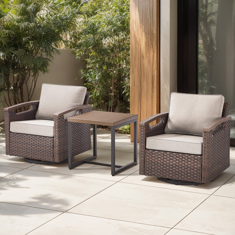 Ensemble de 2 fauteuils de jardin pivotants à bascule avec coussins en oléfine résistants à l'eau et table d'appoint, Beige
