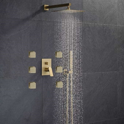 BathSelect Marseille Brushed Gold Wall Mount Thermostatic Massage Shower System with Square Shower Head, Handheld Spray, and 6 Body Jets – Luxury Full-Body Spa Experience