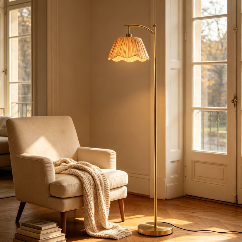 62.5" Vintage Brass Floor Lamp With Pleated Shade, 3-color Temperature Led Bulb & Foot Switch
