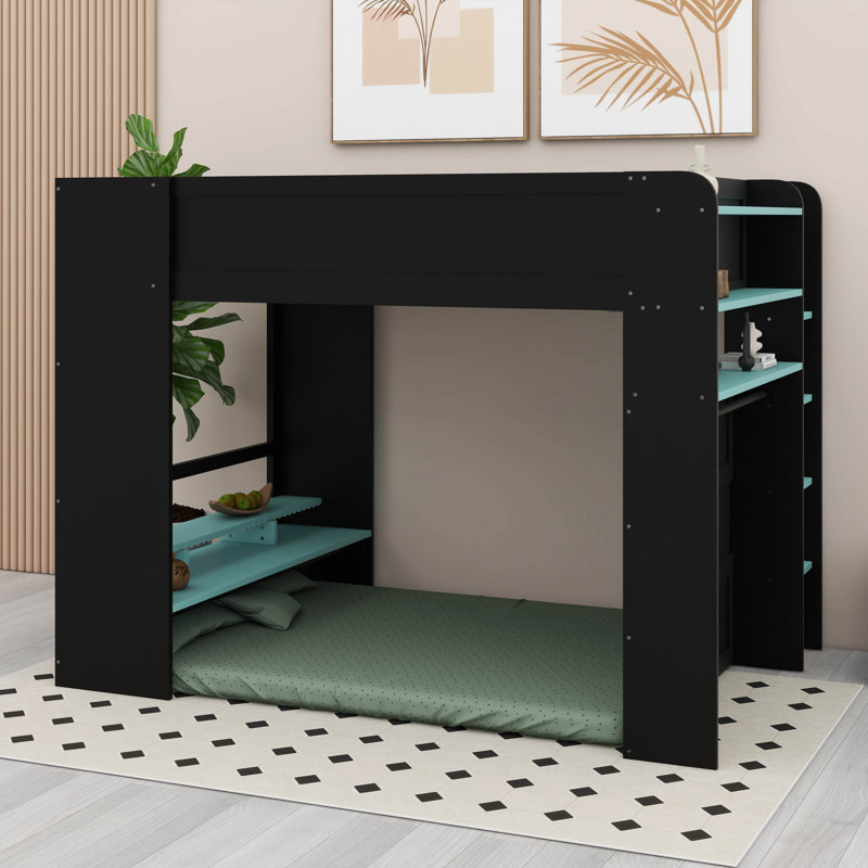 Lit superposé double en bois pleine grandeur avec bureau à hauteur réglable, garde-robe, rangement spacieux et lumière RVB