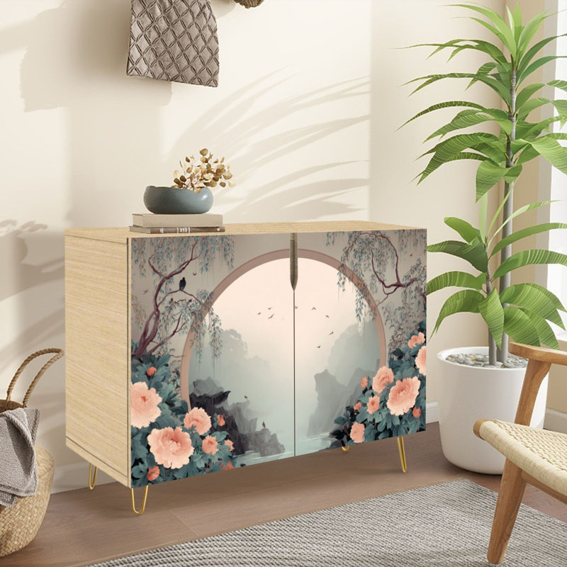 Sideboard Buffet Cabinet with Storage Serene Oriental Landscape Peonies Willow Trees Birds Flowing River with 2 Doors for Living Room and Kitchen