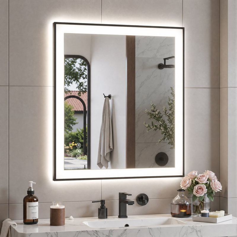 Miroir de salle de bain en aluminium mat brillant avec lumières DEL à l'avant et à l'arrière, 3 températures de couleur, intensité variable, verre trempé anti-buée, fonction mémoire et homologué ETL
