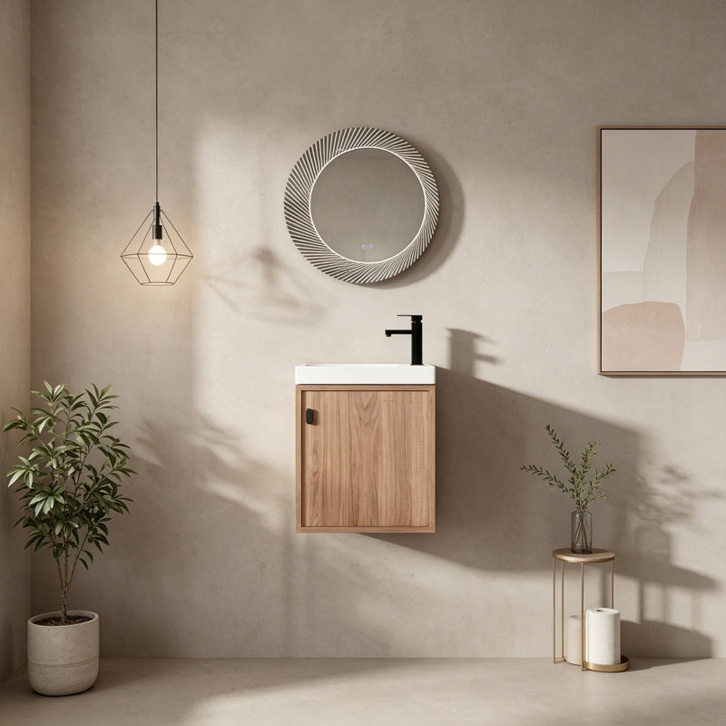 Meuble-lavabo mural avec lavabo en résine et porte simple à fermeture douce, Natural Walnut