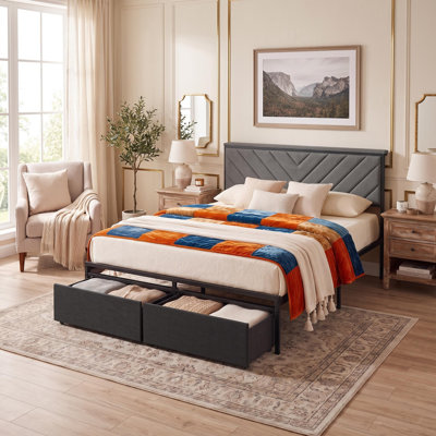 Full Size Upholstered Platform Bed with 2 Storage Drawers and USB Charging Port, Metal Frame with Engineered Wood Slats, V-Stitch Headboard for Small Bedroom Guest Room, Gray