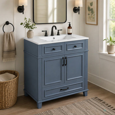 Meuble-lavabo de 30 po avec lavabo en céramique, armoire de rangement en bois massif avec portes à fermeture douce, style rétro