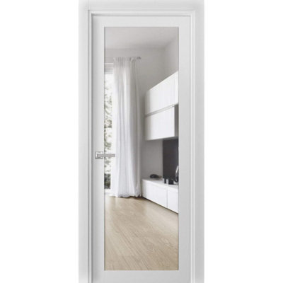 Solid French Pre-Hung Door Clear Glass | Lucia 2166 White Silk | Single Regular Panel Frame Trims Handle | Bathroom Bedroom Sturdy Doors -18" x 96"