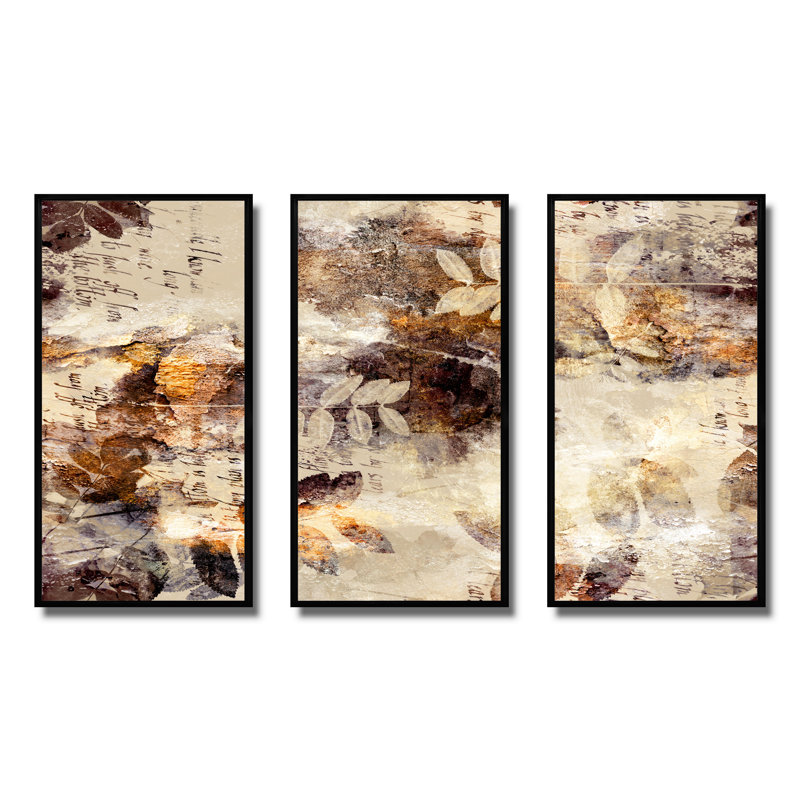 Brun, orange, gris et motif grunge - ensemble de 3 reproductions d'art encadrées sur toile, Noir, H 28 po x l 36 po x P 1 po