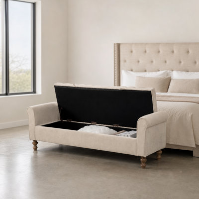 Large banc de rangement rembourré moderne avec revêtement en tissu à poils doux, tabouret de pied de lit avec accoudoirs roulés confortables, banc de jour multifonctionnel avec pieds en bois d'hévéa durables