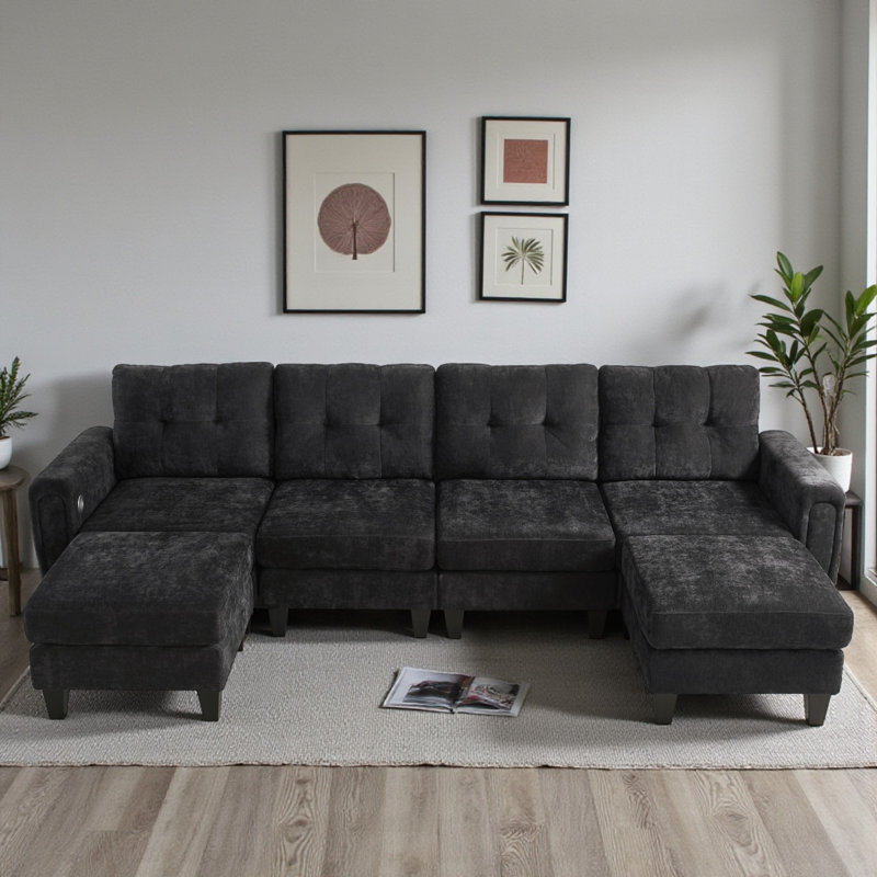 Chenille Upholstered Modular Sectional Sofa With Side Table, USB Ports & Ottomans – Tufted Back, Black Chenille