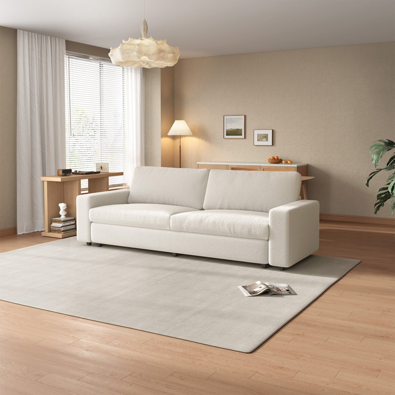 212cm Beige Teddy Fleece 3-Seater Sofa, Deep Seat Sofa with Wide Armrests for Living Room