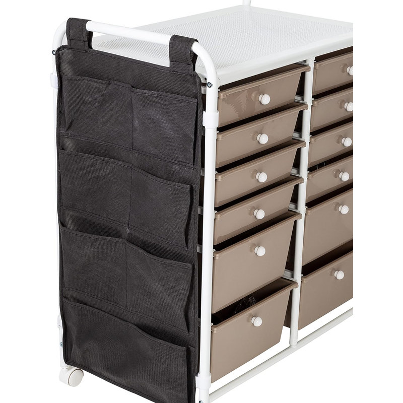 12-Drawer Rolling Storage Cart With Side Pockets And Locking Wheels, Steel Tabletop For Craft Organization