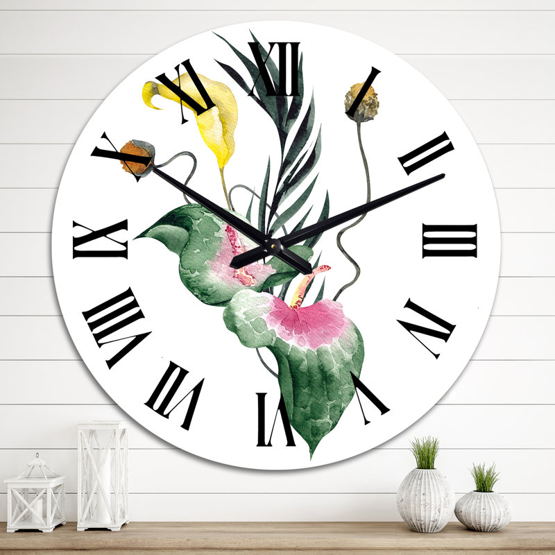Bouquet de fleurs jaunes minimalistes, feuilles - horloge murale traditionnelle, Moyen