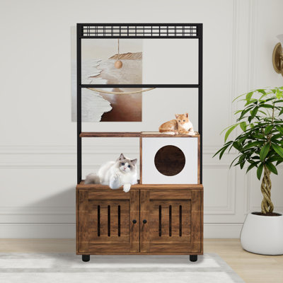 Grande boîte à litière en bois pour chat avec tablettes de rangement - Toilette cachée pour chat avec hamac et boule suspendue, rétro