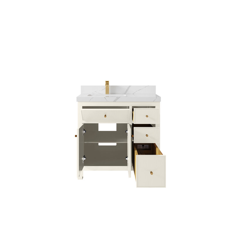 Sonoma 36 In. W X 22 In. D Left Offset Sink Bathroom Vanity In Alabaster With 2 In. Viola Gold Quartz, 2 IN Calacatta Laza