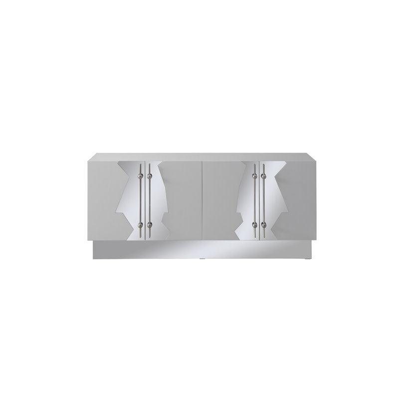 Callista 4-Door Sideboard with Art Deco Doors and Interior Shelves, White/Silver