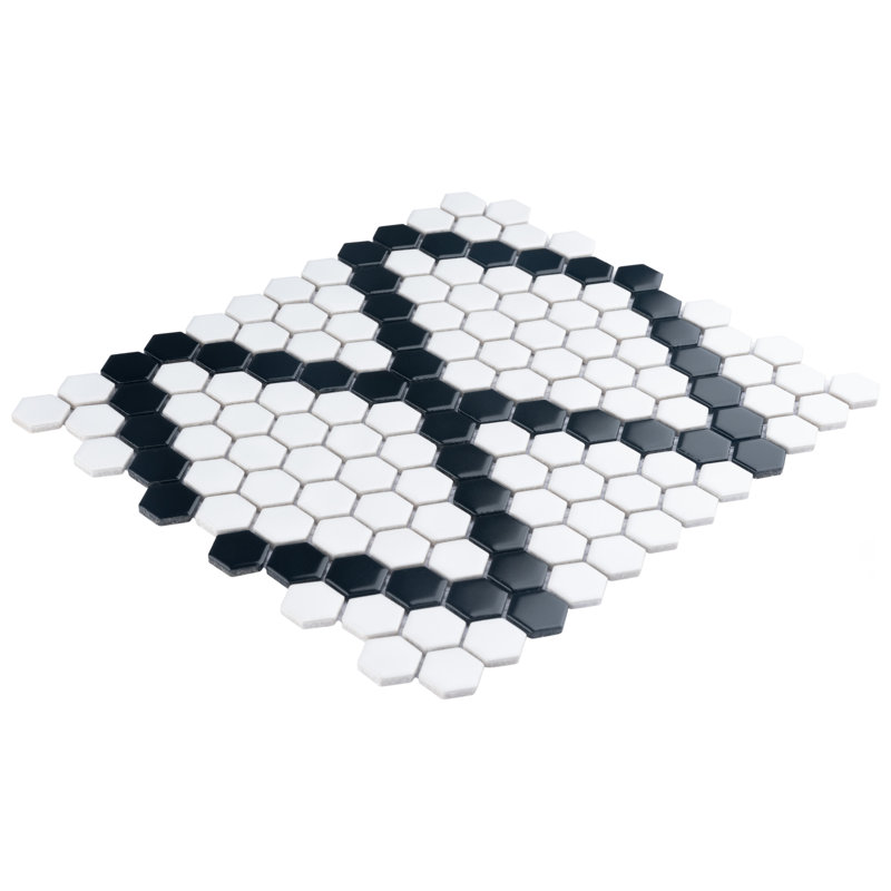 Metro 1" Hex Matte White with Black Diamond 10-1/4" x 11-7/8" Porcelain Mosaic Floor and Wall Tile
