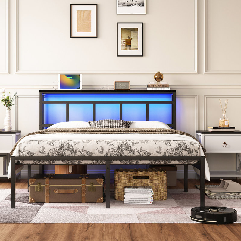 14 Inch Twin Metal Platform Bed With Black Storage Headboard, Featuring - C, Type Led , And Reliable Build Support