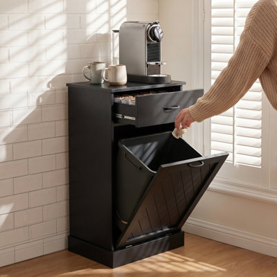 15 Gallon Tilt-Out Trash Cabinet with Storage Drawer, Farmhouse Hidden Trash Bin Cabinet for Kitchen, Laundry Room & Living Room, Black