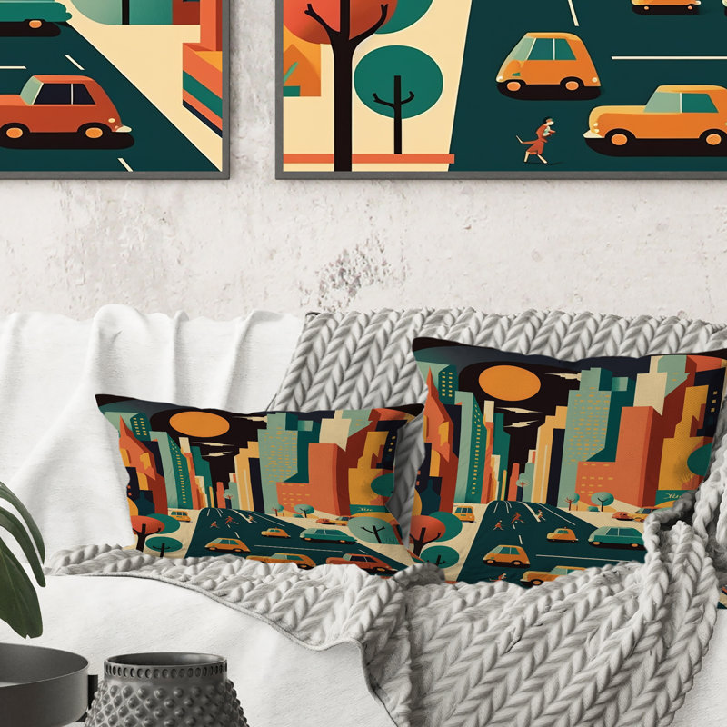 Fantasy Cityscape V - Coussin décoratif imprimé voiture / camionnette